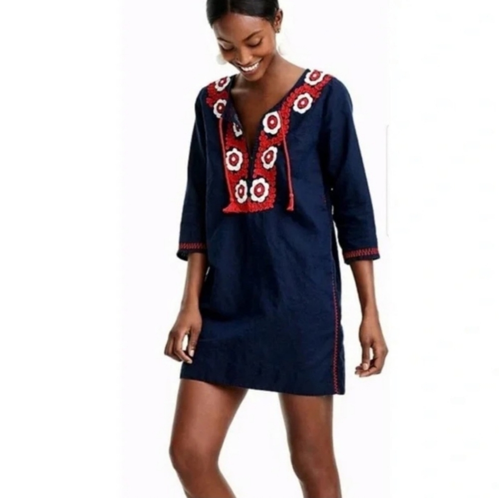 J Crew Navy Linen Blend Embroidered Beach Tunic